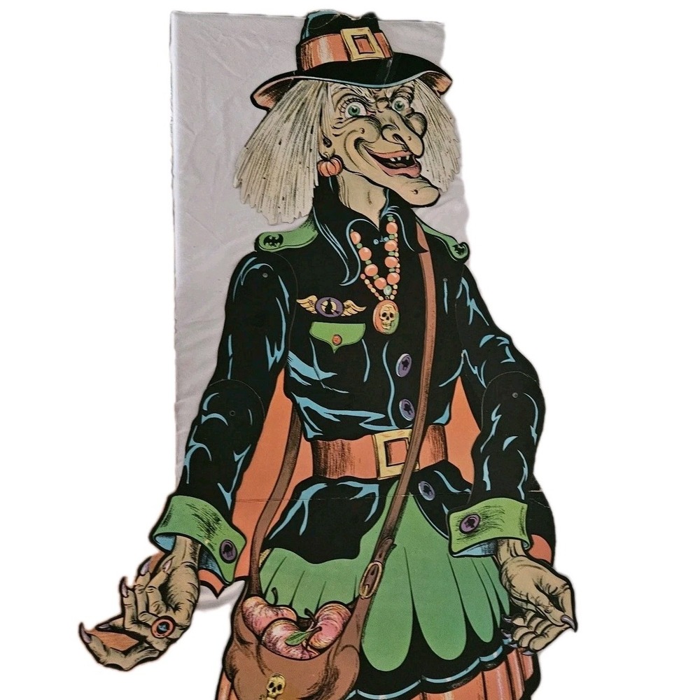 Vintage Original Die Cut 58" Jointed Halloween Witch by Beistle Ripped Hat Skull